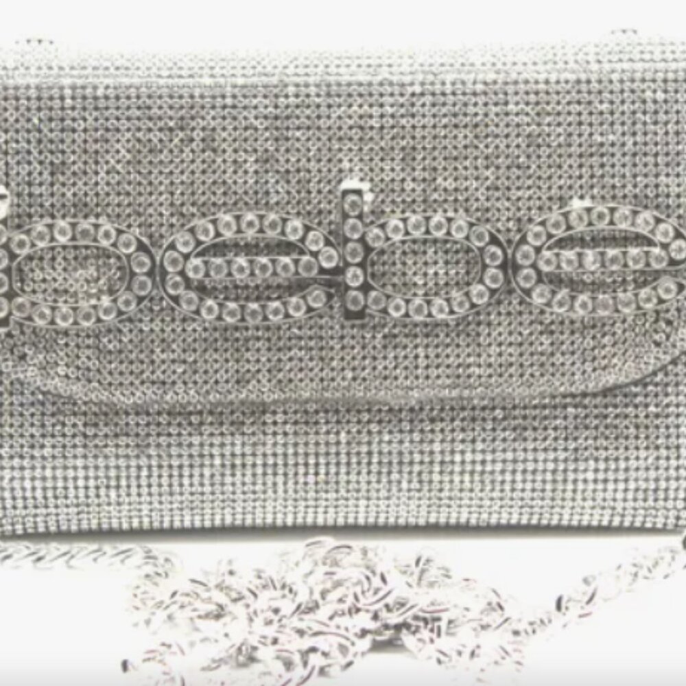 BNWT Bebe Wynn Clutch Silver Rhinestone chain strap Crossbody